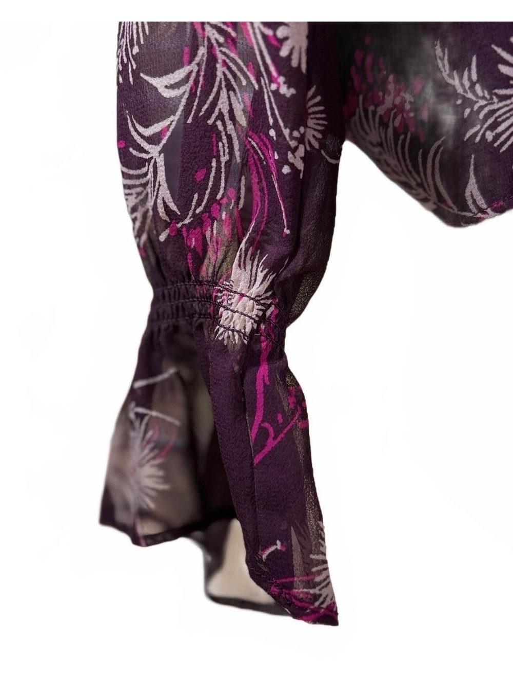 Joie 100% Silk Floral Blouse S Burgundy Sheer Sleeve Ruffle Cuff Button Front - Picture 7 of 10